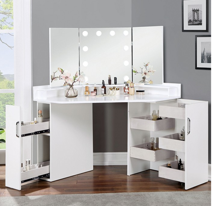 LoryBelle Vanity Set with Tri-Fold 10-Bulb Mirror - White