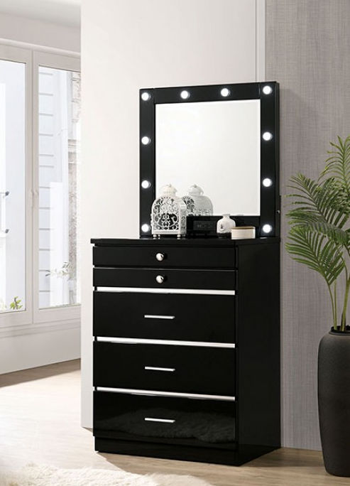 Destinee Glam Vanity Chest & Mirror Set - Black High Gloss