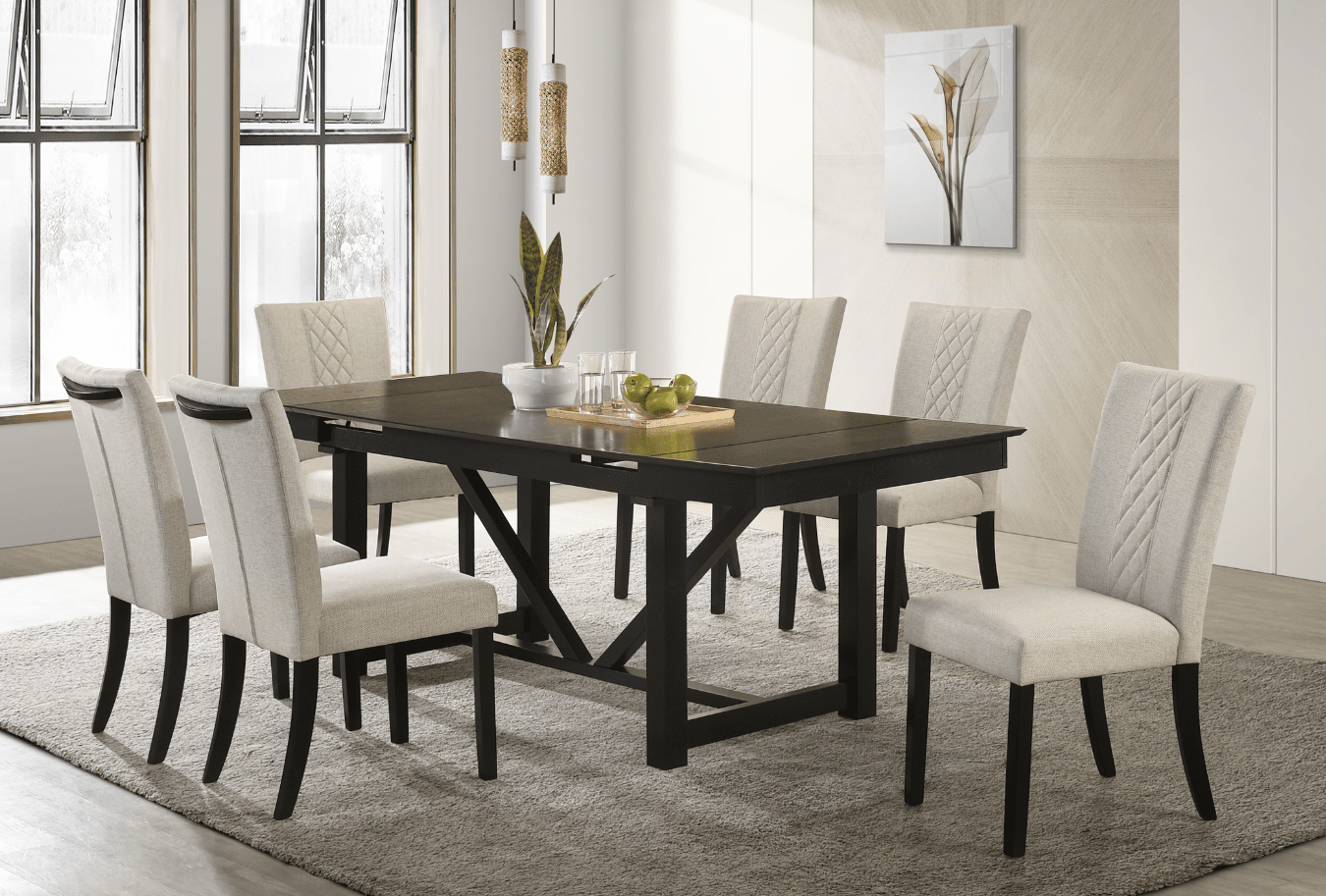 Malia 7-Piece Rectangular Dining Table Set With Refractory Extension Leaf Beige And Black