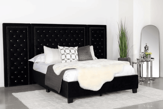 Hailey Upholstered Platform King Bed With Wall Panel Black