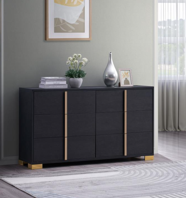 Marceline Queen Bedroom Set with LED Lighted Headboard - Black & Gold