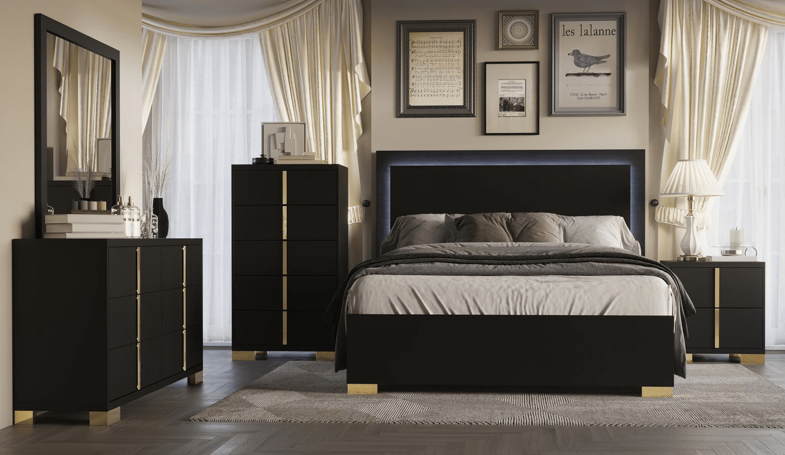 Marceline King Bed with LED Lighted Headboard - Black & Gold