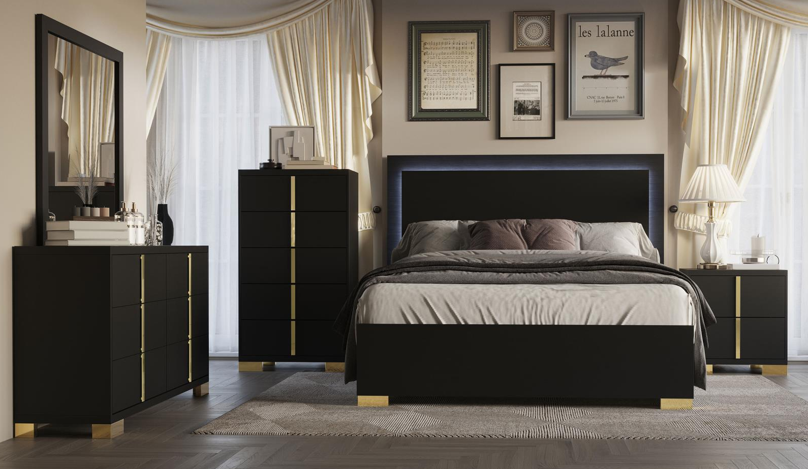 Marceline Queen Bedroom Set with LED Lighted Headboard - Black & Gold