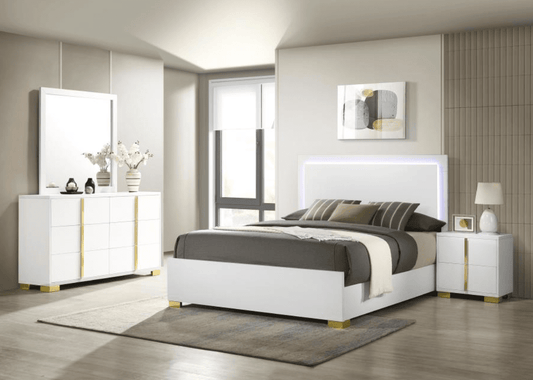Marceline King Bedroom Set with LED Lighted Headboard - White & Gold