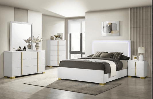 Marceline Queen Bedroom Set with LED Lighted Headboard - White & Gold