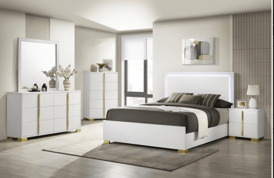 Marceline Queen Bedroom Set with LED Lighted Headboard - White & Gold