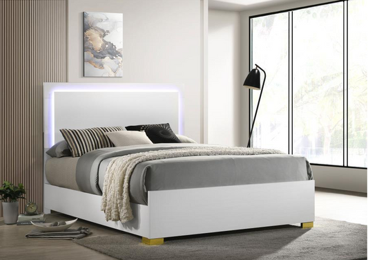 Marceline Queen Bed with LED Lighted Headboard - White & Gold