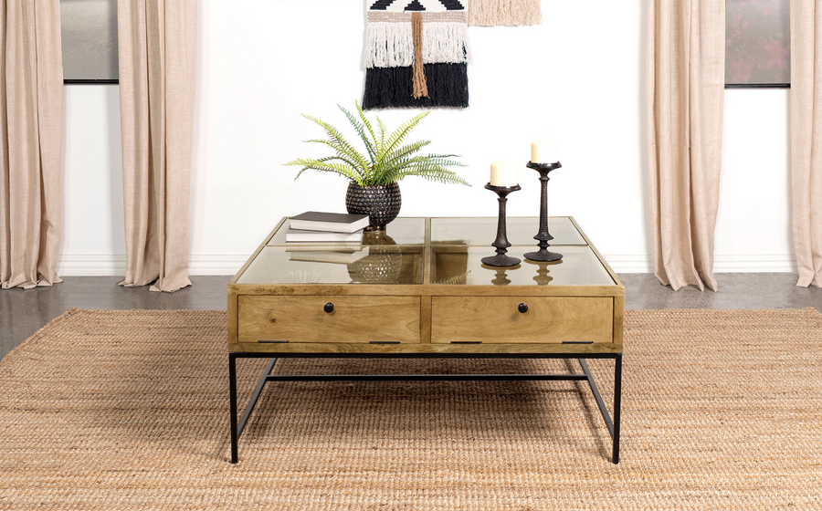 Stephie 4-Drawer Square Clear Glass Top Coffee Table Honey Brown