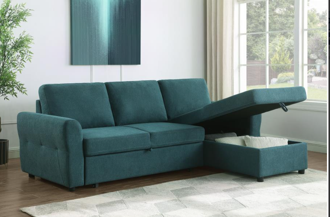 Samantha Upholstered Sleeper Sectional with Storage Chaise - Teal