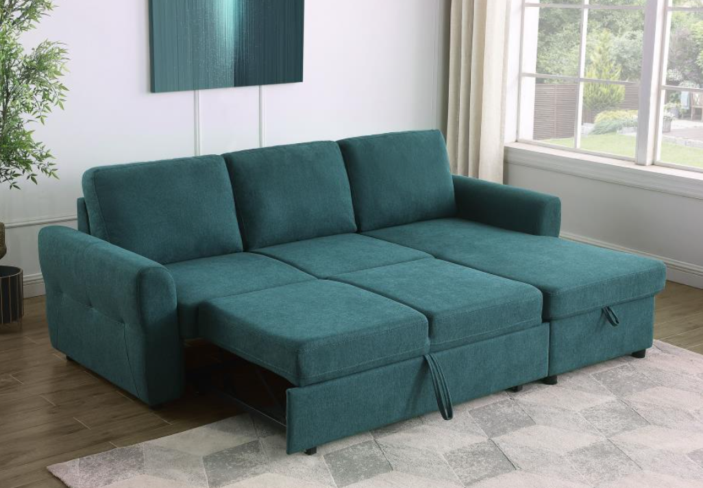 Samantha Upholstered Sleeper Sectional with Storage Chaise - Teal