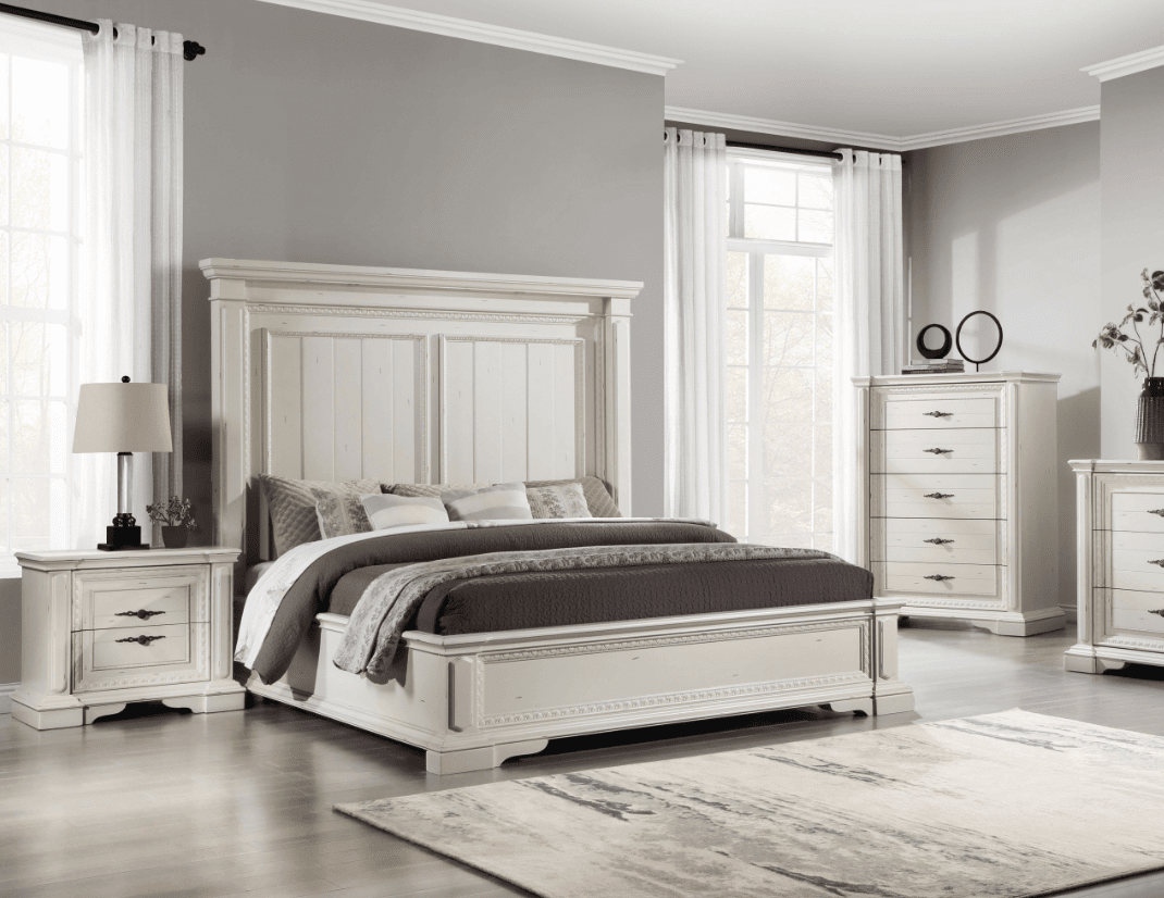 Evelyn Queen Panel Bed With Headboard Lighting Antique White