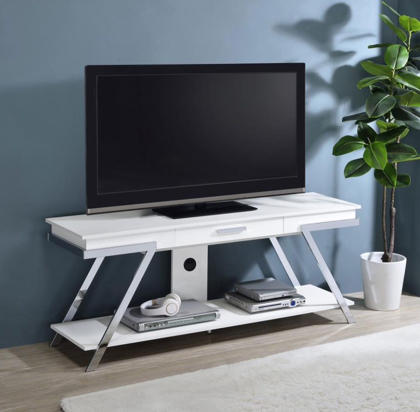 Marcia 1-Drawer Wood 60″ TV Stand White High Gloss And Chrome