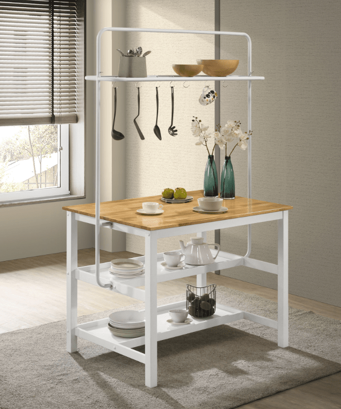 Hollis Kitchen Island Counter Height Table With Pot Rack Brown And White