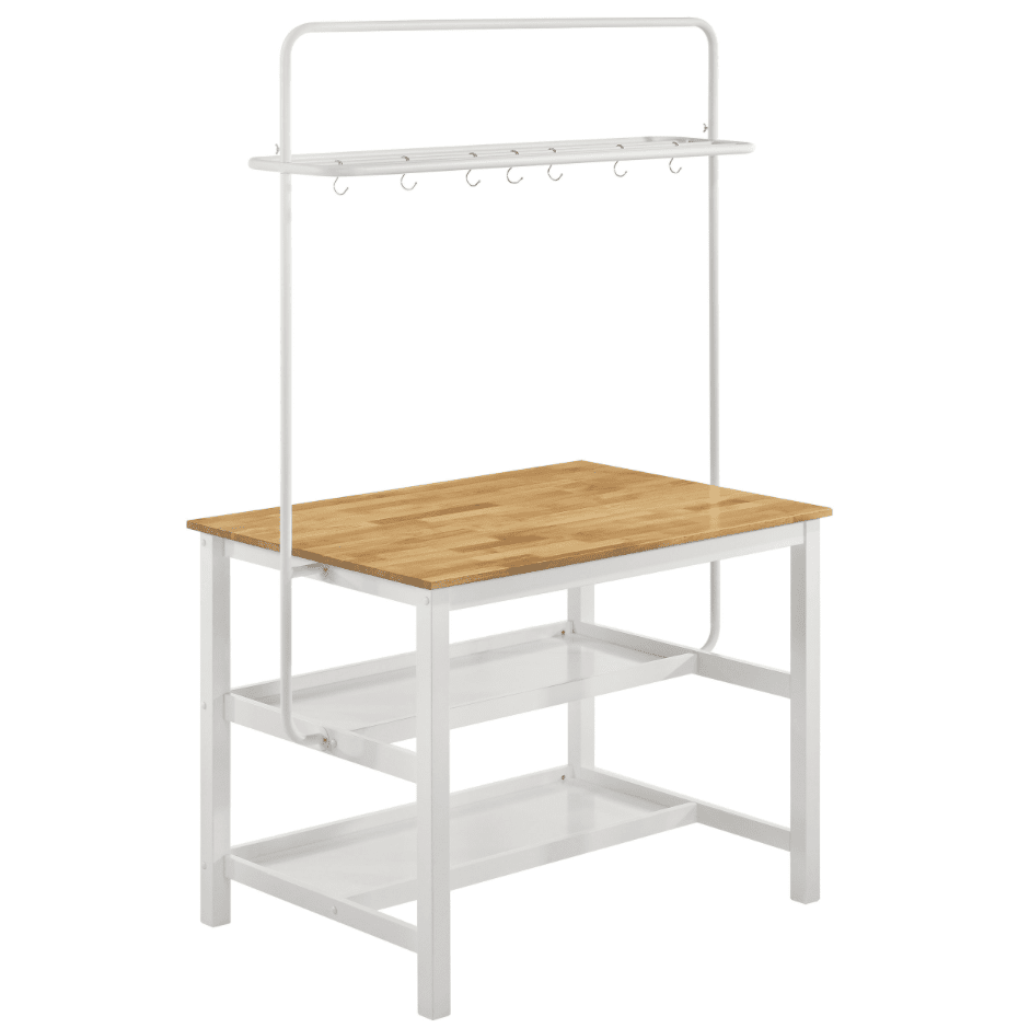 Hollis Kitchen Island Counter Height Table With Pot Rack Brown And White