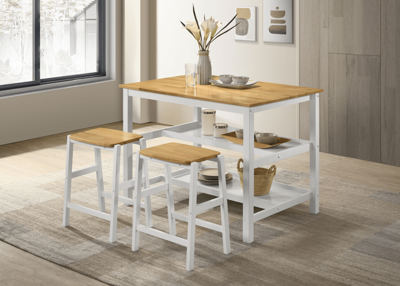 Hollis Kitchen Island Counter Height Table With Pot Rack Brown And White