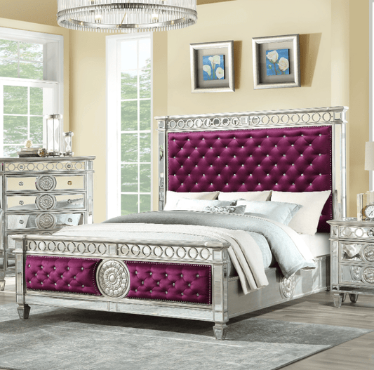 ACME Varian Queen Bed - Burgundy Velvet & Mirrored