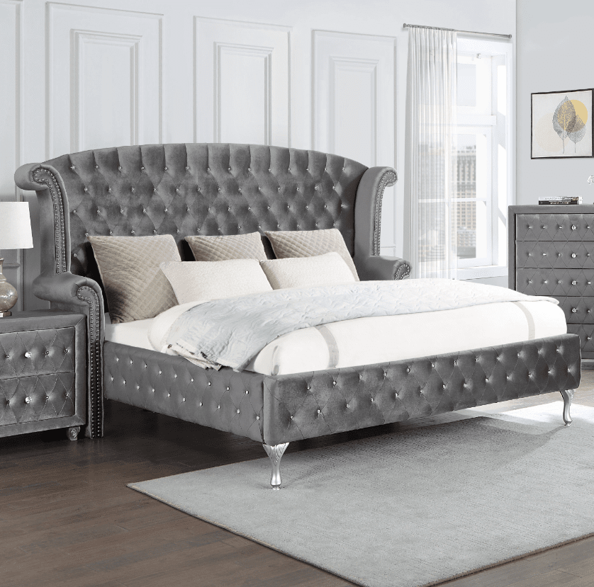 Cerci Tufted Gray Velvet King Bed with Carved Silver Feet