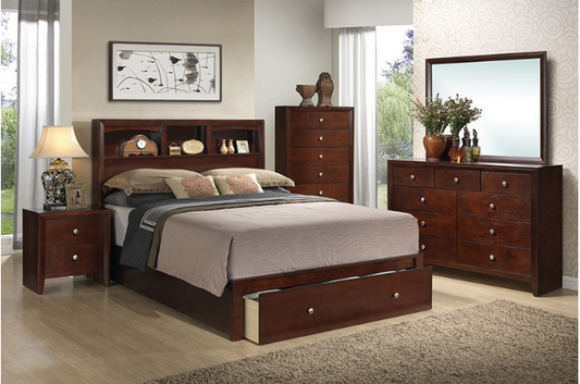 Arlington King Storage Bed with Bookcase Headboard - Brown Cherry