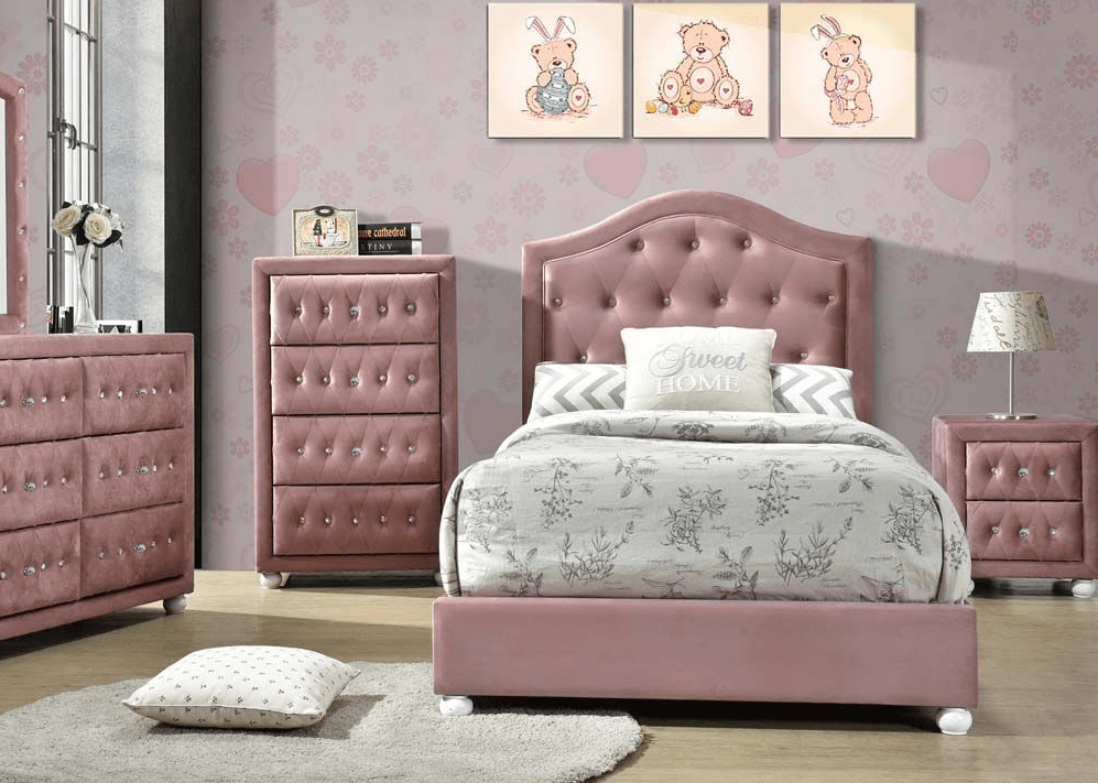 Reggie Twin Size Upholstered Bedroom Set - Pink