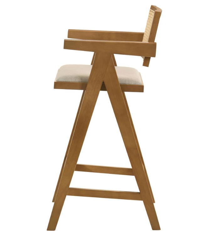 Kane 27" Solid Wood Bar Stool With Woven Rattan Back And Upholstered Seat Light Walnut Set Of 2