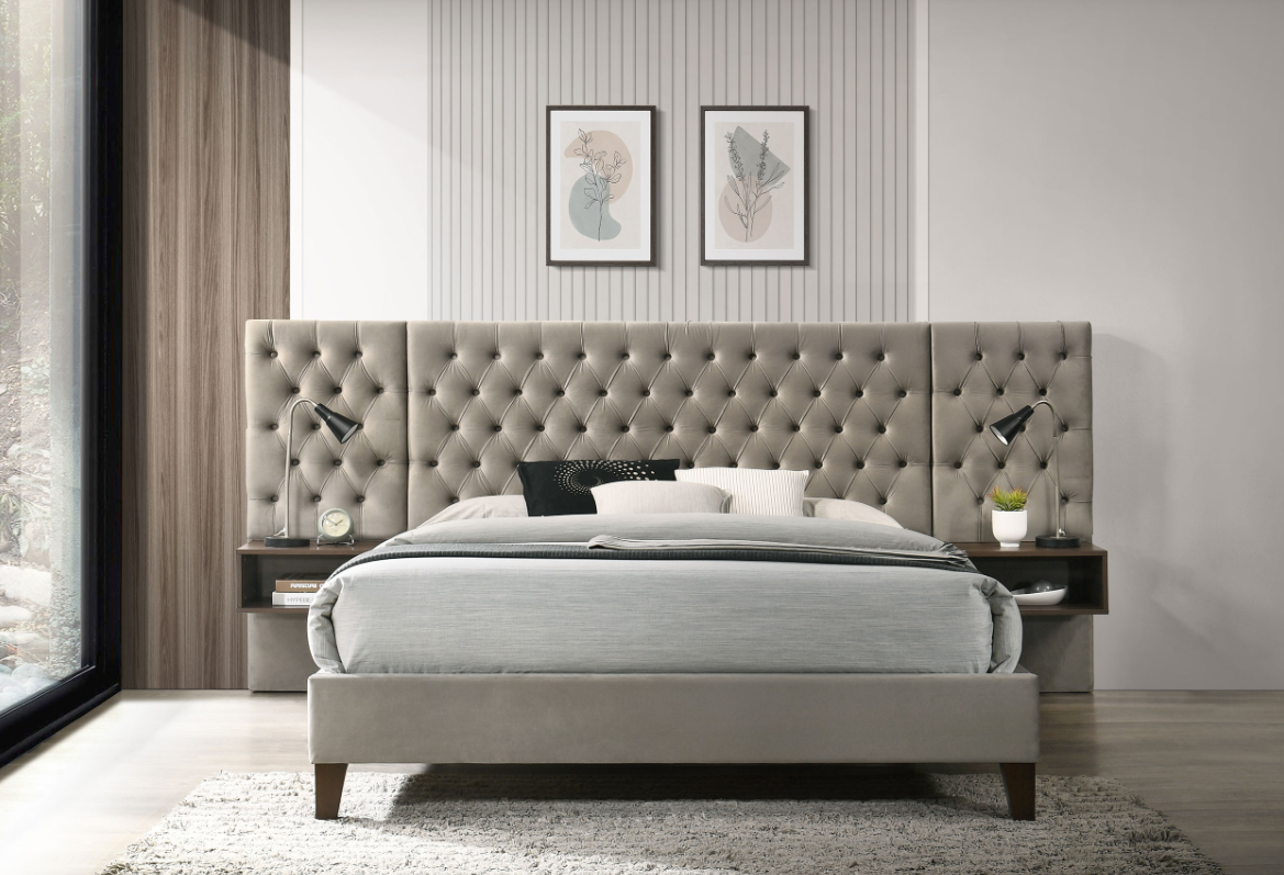 Marley Upholstered Eastern King Platform Bed With Headboard Panels Light Brown