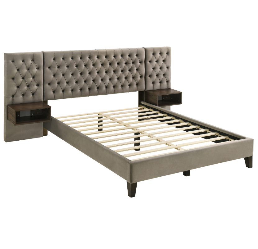 Marley Upholstered Queen Platform Bed With Headboard Panels Light Brown