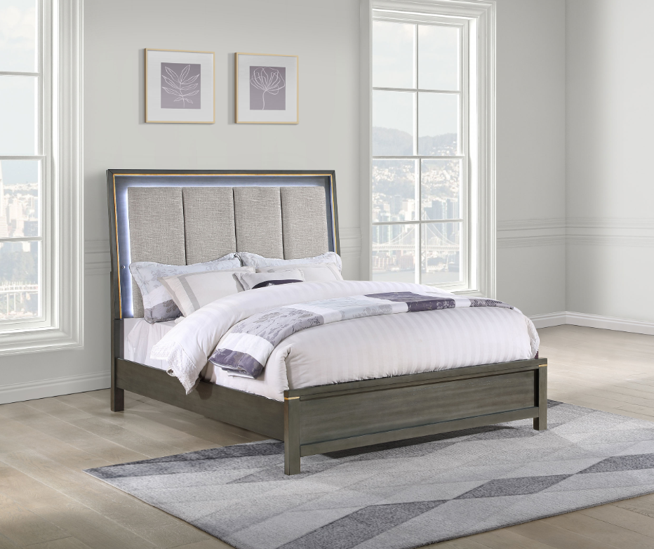 Kieran Eastern King Panel Bed With Upholstered LED Headboard Grey