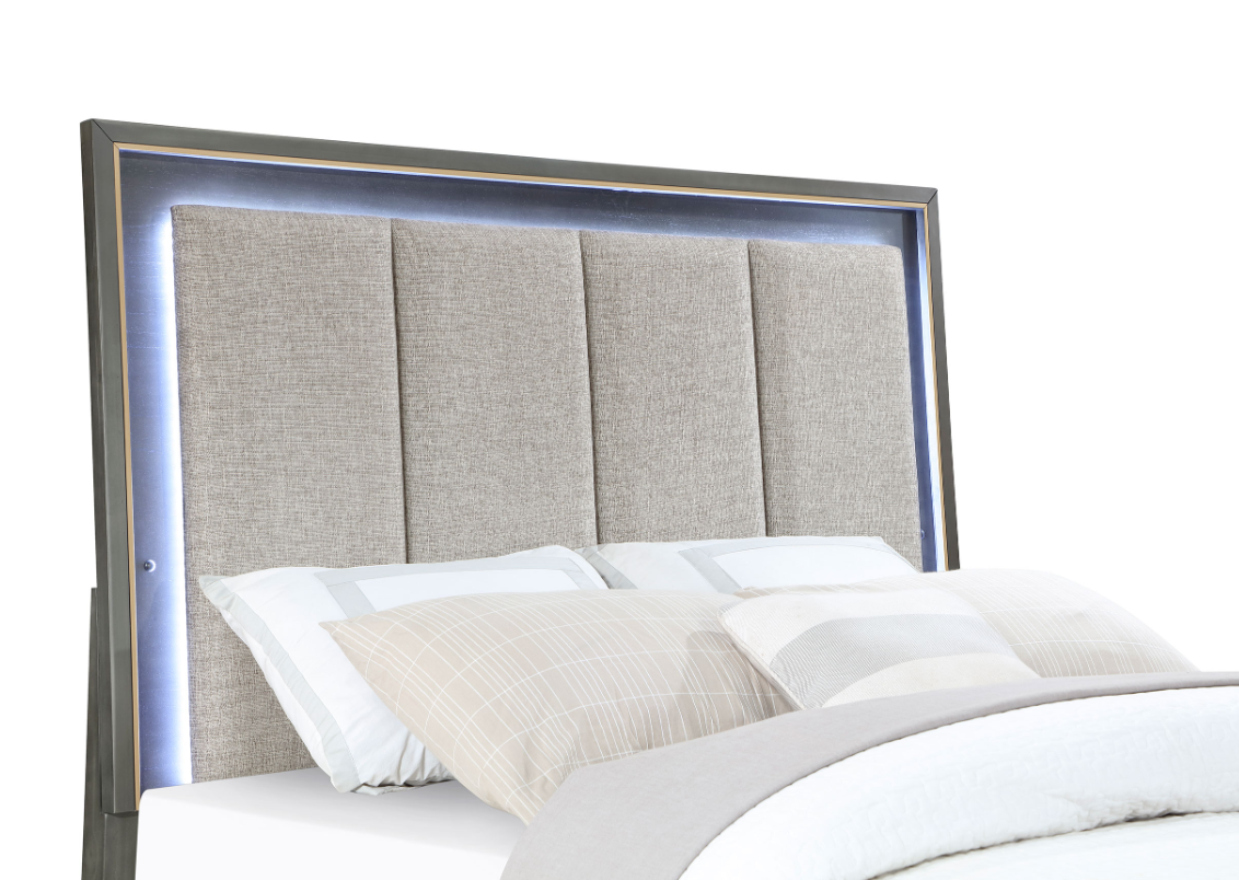 Kieran Eastern King Panel Bedroom Set With Upholstered LED Headboard Grey