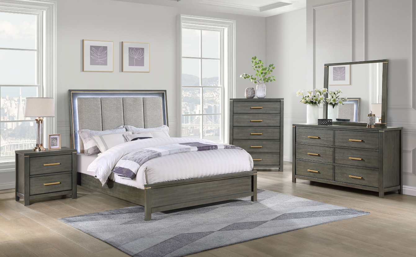 Kieran Eastern King Panel Bed With Upholstered LED Headboard Grey