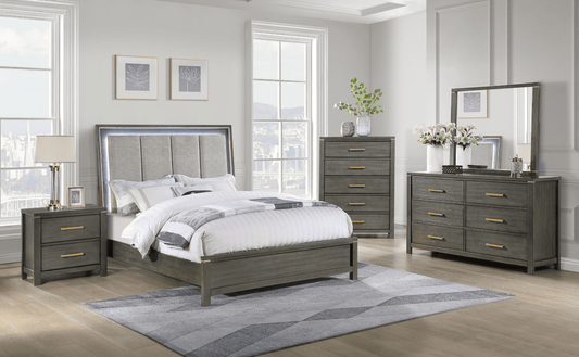 Kieran Queen Panel Bedroom Set With Upholstered LED Headboard Grey