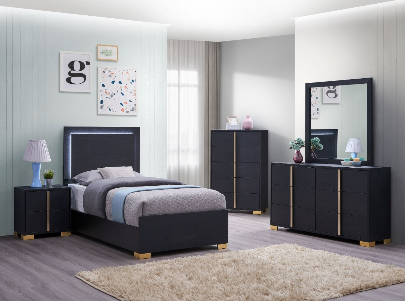 Marceline Twin Bed with LED Lighted Headboard - Black & Gold