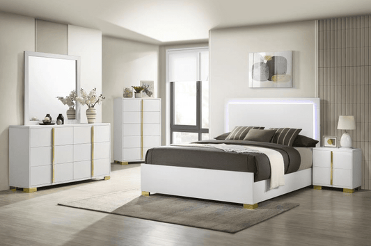 Marceline Full Bedroom Set with LED Lighted Headboard - White & Gold