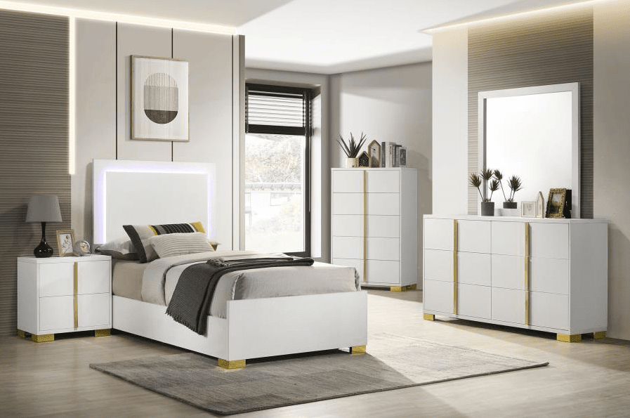 Marceline Twin Bedroom Set with LED Lighted Headboard - White & Gold