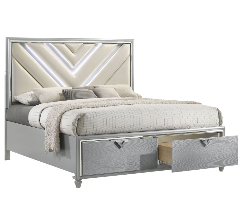 Veronica Queen Platform Storage Bed With Upholstered LED Headboard Light Silver