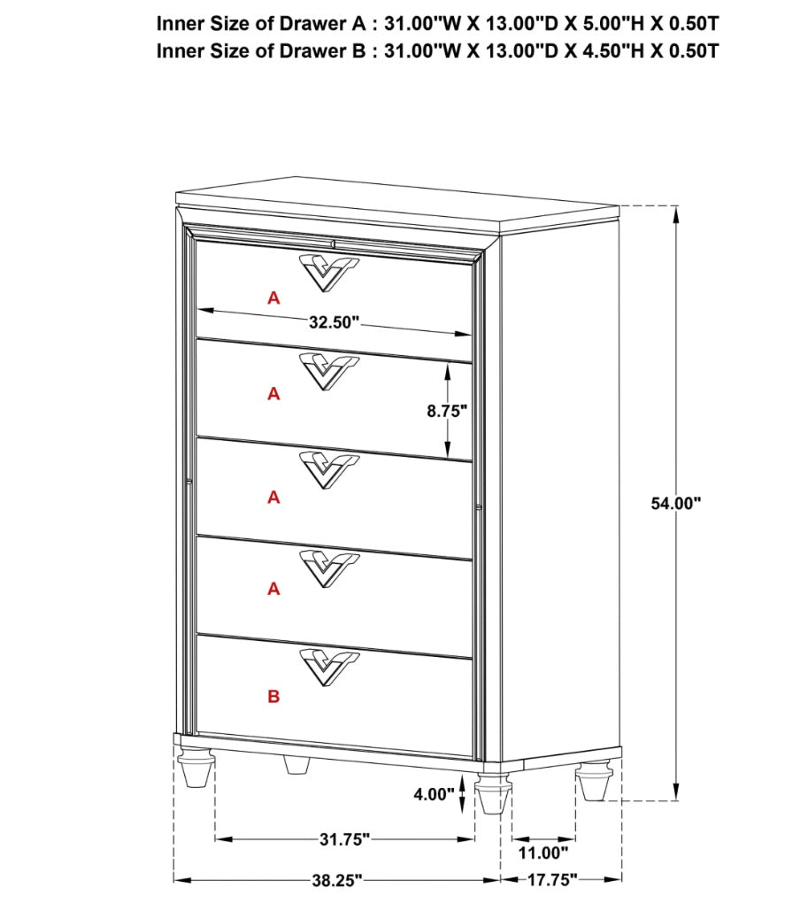 Veronica 5-Drawer Bedroom Chest Light Silver