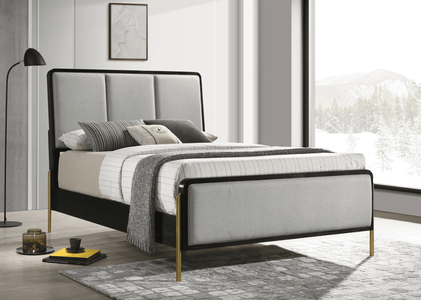 Arini Eastern King Bed With Upholstered Headboard Black And Grey