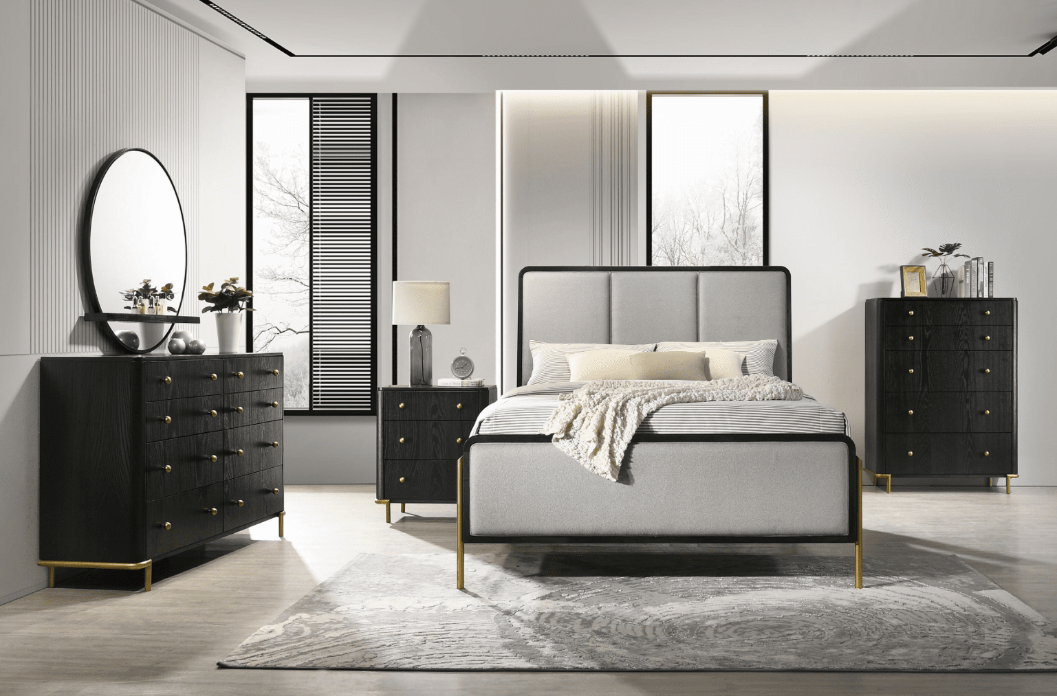 Arini Eastern King Bed With Upholstered Headboard Black And Grey