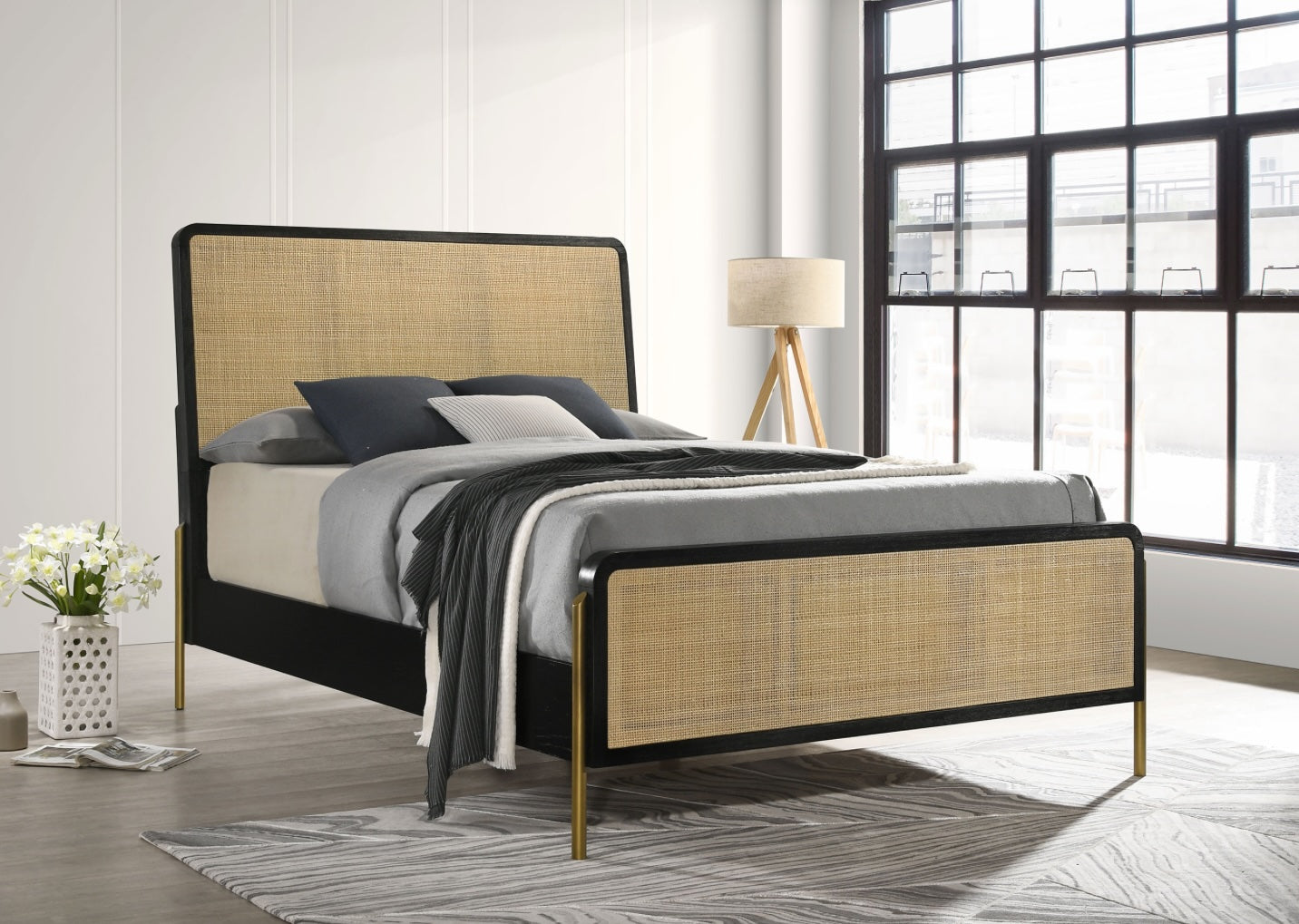 Arini Queen Bed With Woven Rattan Headboard Black And Natural