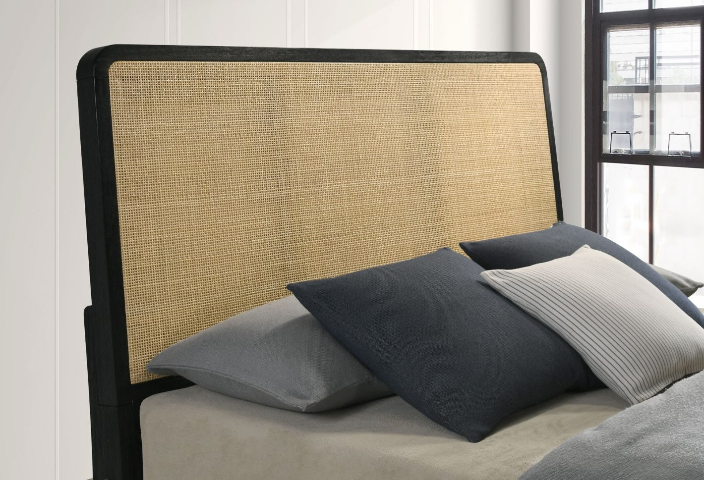 Arini Eastern King Bedroom Set With Woven Rattan Headboard Black And Natural