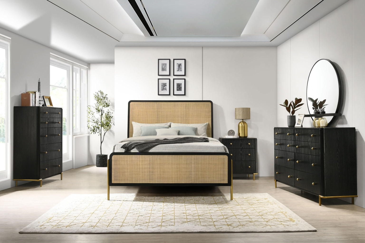 Arini Eastern King Bedroom Set With Woven Rattan Headboard Black And Natural