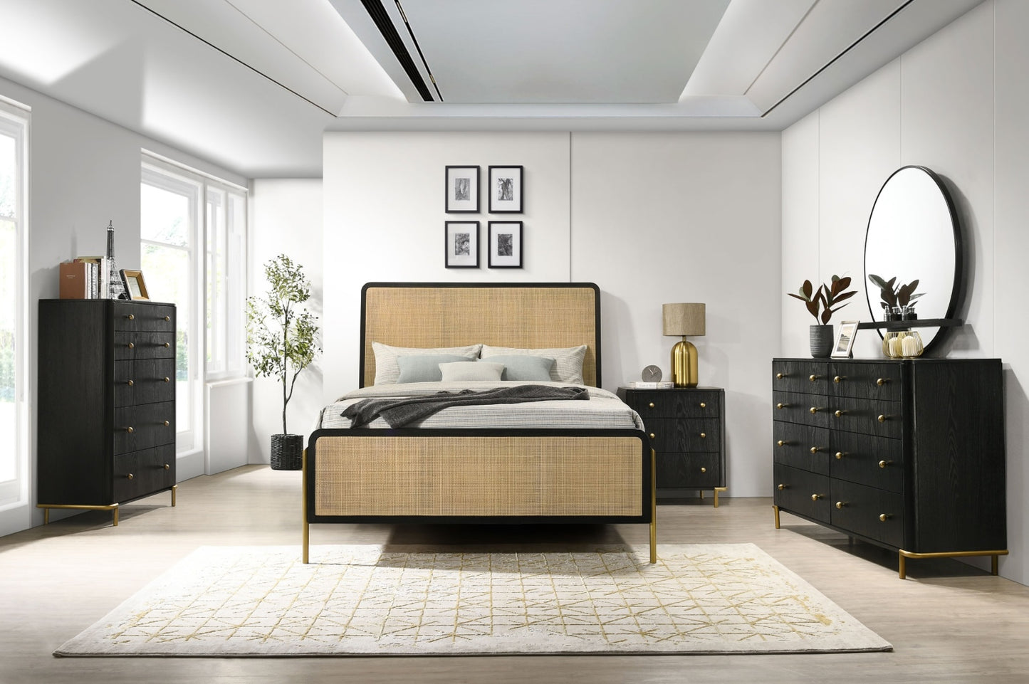 Arini Queen Bedroom Set With Woven Rattan Headboard Black And Natural