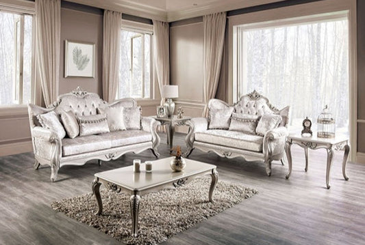 Acapulco Traditional Sofa & Loveseat Set with Wood Trim - Off White & Champagne