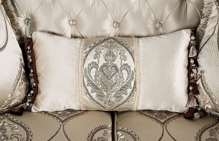 Veracruz Traditional Sofa & Loveseat Set with Wood Trim - Beige & Dark Cherry