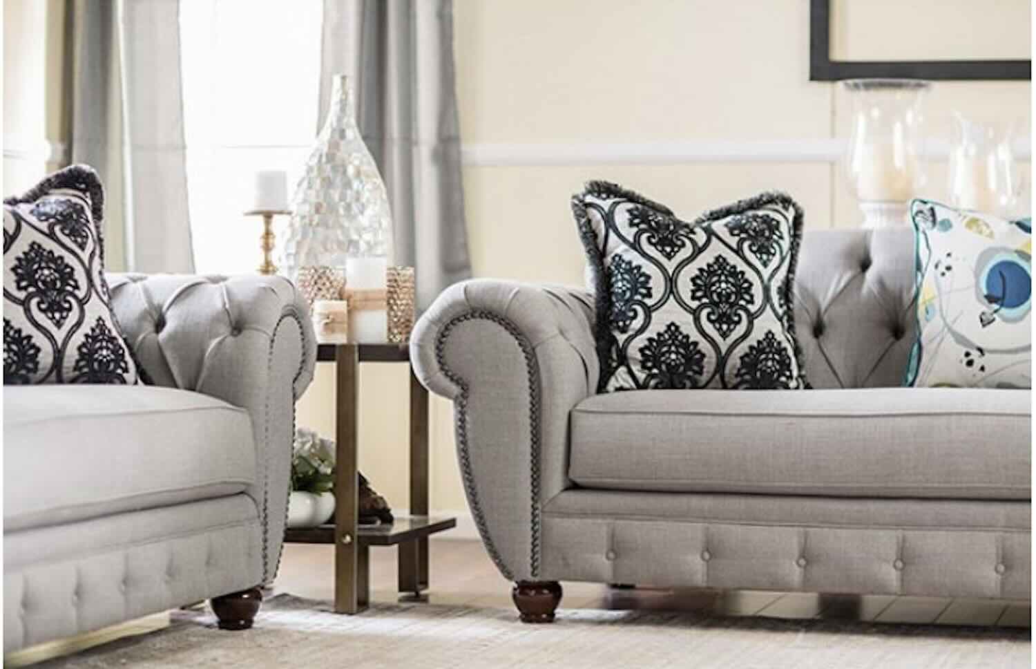Viviana Transitional Gray Upholstered Sofa with Oversized Rolled Arms