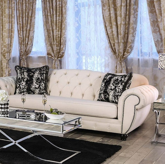 Viviana Transitional Beige Upholstered Sofa with Oversized Rolled Arms