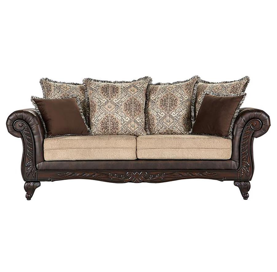 Elmbrook Upholstered Rolled Arm Sofa with Intricate Wood Carvings Brown