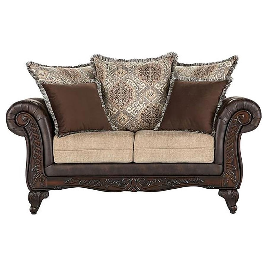 Elmbrook Upholstered Rolled Arm Sofa with Intricate Wood Carvings Brown