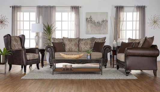 Elmbrook Rolled Arm Sofa Living Room Set with Intricate Wood Carvings Brown