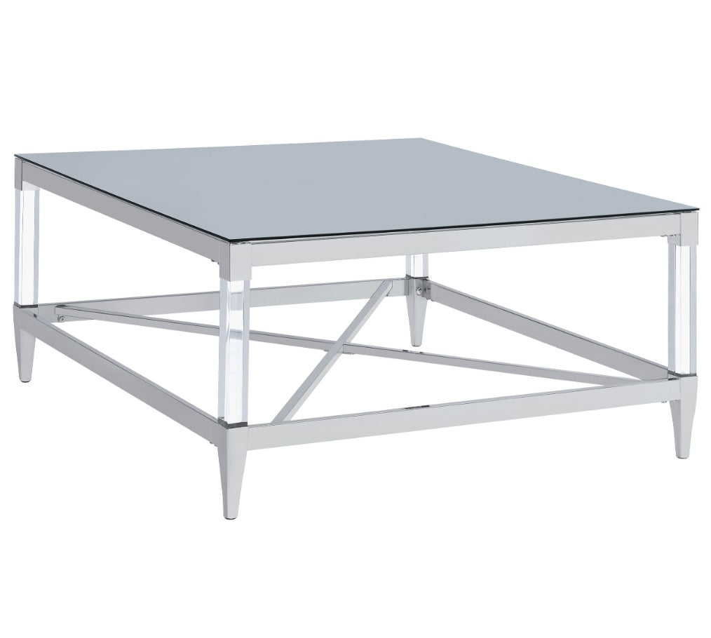 Lindley Square Coffee Table With Acrylic Legs And Tempered Mirror Top Chrome