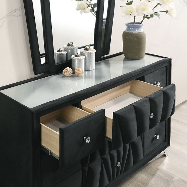 2-Piece Leventina Black 9-Drawer Upholstered 61 in. Dresser/Mirror and Frosted Glass Top 2-Piece Leventina Black 9-Drawer Upholstered 61 in. Dresser/Mirror and Frosted Glass Top
